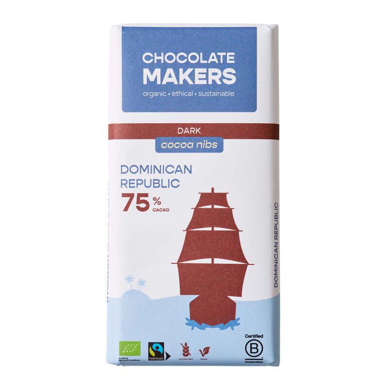 Tres hombres 75% puur cacao nibs van Chocolate Makers, 10x 80 g